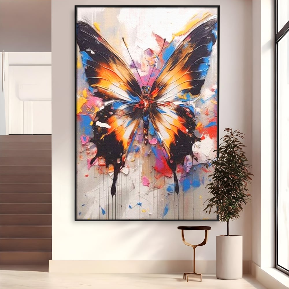 Tablou canvas cu tablou vertical cu fluture pictat, in rama de aluminiu negru